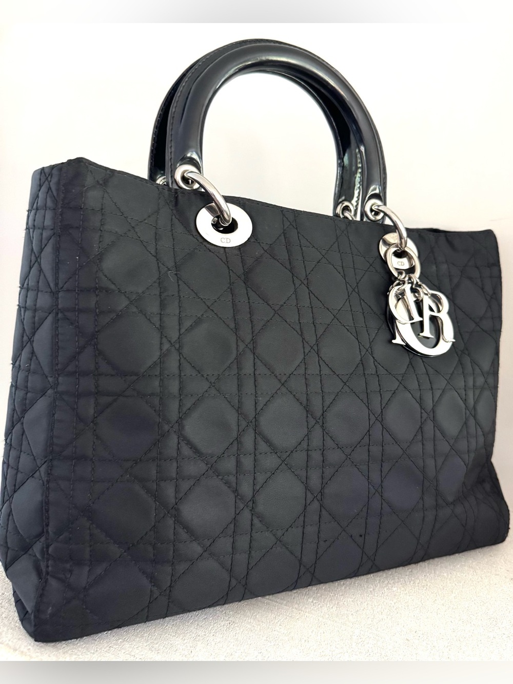 CHRISTIAN DIOR Vintage Large Black Quilted Nylon Lady Dior Tote Bag - Picture 2 of 12